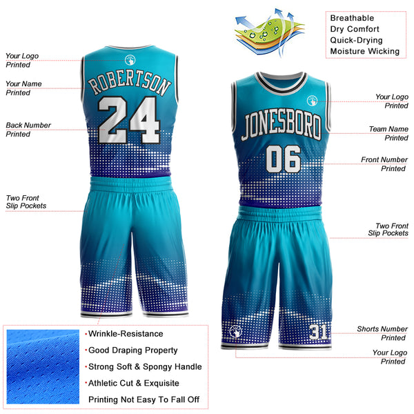 Custom Lakes Blue White Dark Purple-Black Gradient Dot Round Neck Sublimation Basketball Uniform Jersey