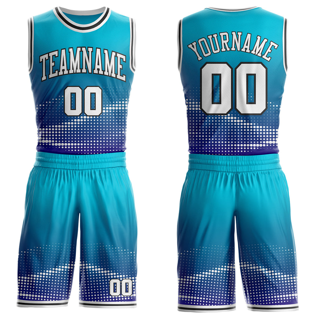 Custom Lakes Blue White Dark Purple-Black Gradient Dot Round Neck Sublimation Basketball Uniform Jersey