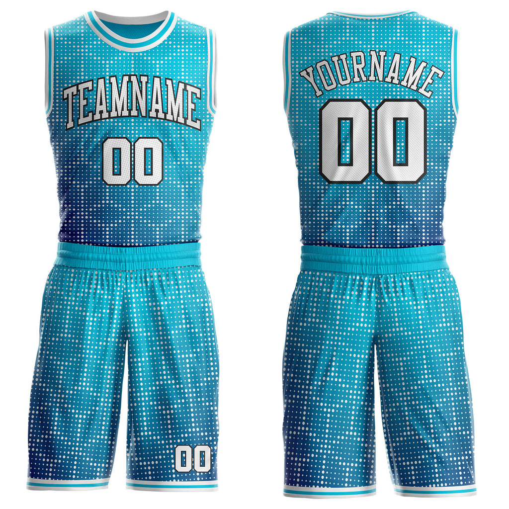 Custom Lakes Blue White Dark Purple-Black Gradient Dot Round Neck Sublimation Basketball Uniform Jersey