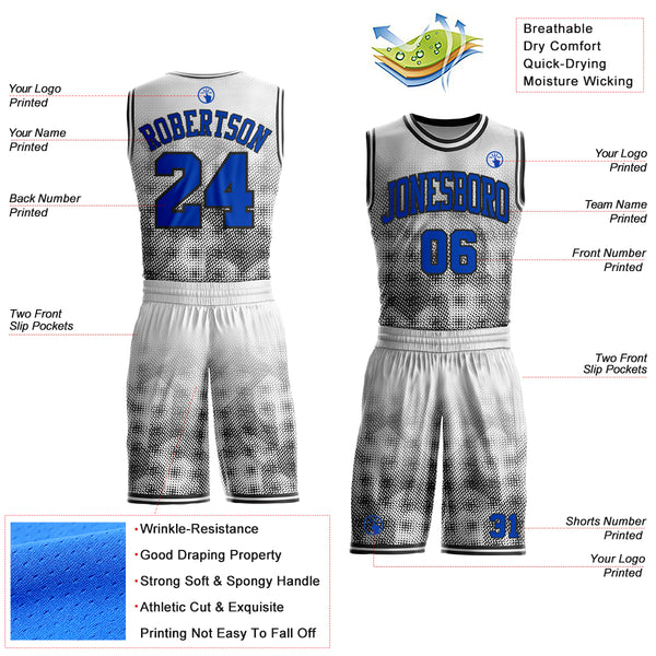 Custom White Thunder Blue-Black Gradient Dot Round Neck Sublimation Basketball Uniform Jersey