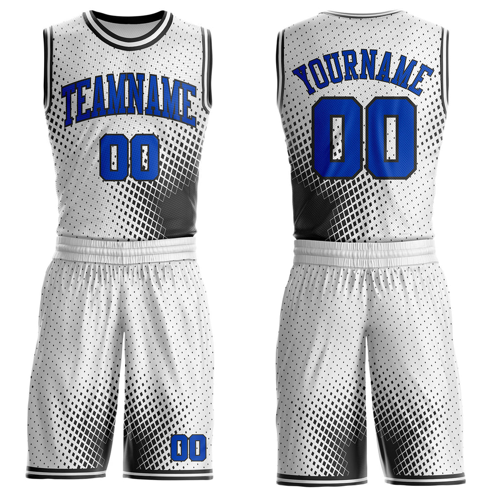 Custom White Thunder Blue-Black Gradient Dot Round Neck Sublimation Basketball Uniform Jersey