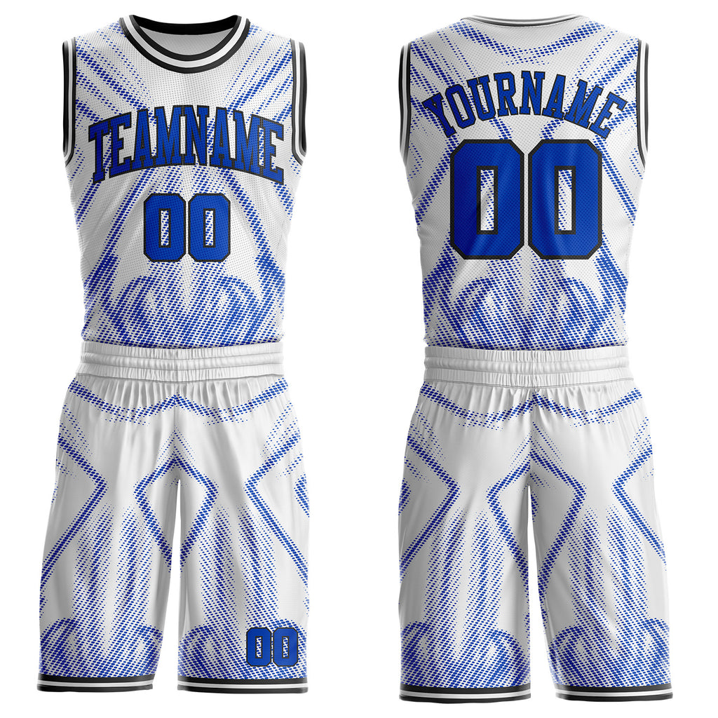 Custom White Thunder Blue-Black Gradient Dot Geometric Round Neck Sublimation Basketball Uniform Jersey