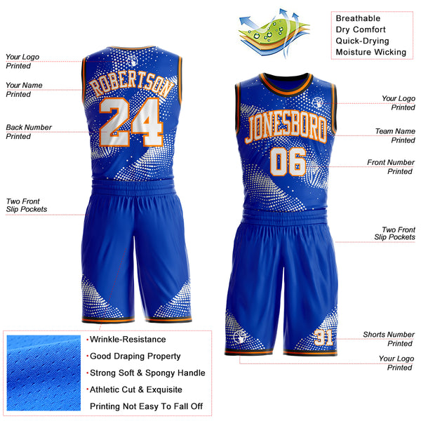 Custom Thunder Blue White Bay Orange-Black Gradient Dot Round Neck Sublimation Basketball Uniform Jersey