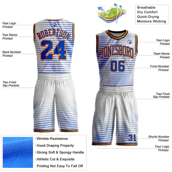 Custom White Thunder Blue Bay Orange-Black Gradient Dot Round Neck Sublimation Basketball Uniform Jersey