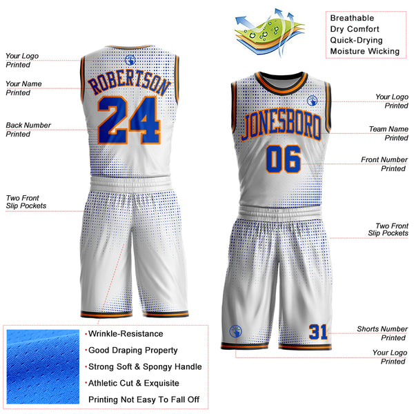 Custom White Thunder Blue Bay Orange-Black Gradient Dot Round Neck Sublimation Basketball Uniform Jersey
