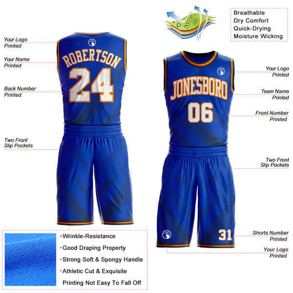 Custom Thunder Blue White Bay Orange-Black Gradient Dot Round Neck Sublimation Basketball Uniform Jersey