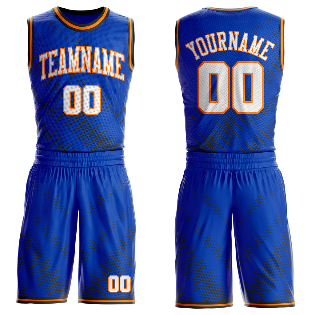 Custom Thunder Blue White Bay Orange-Black Gradient Dot Round Neck Sublimation Basketball Uniform Jersey