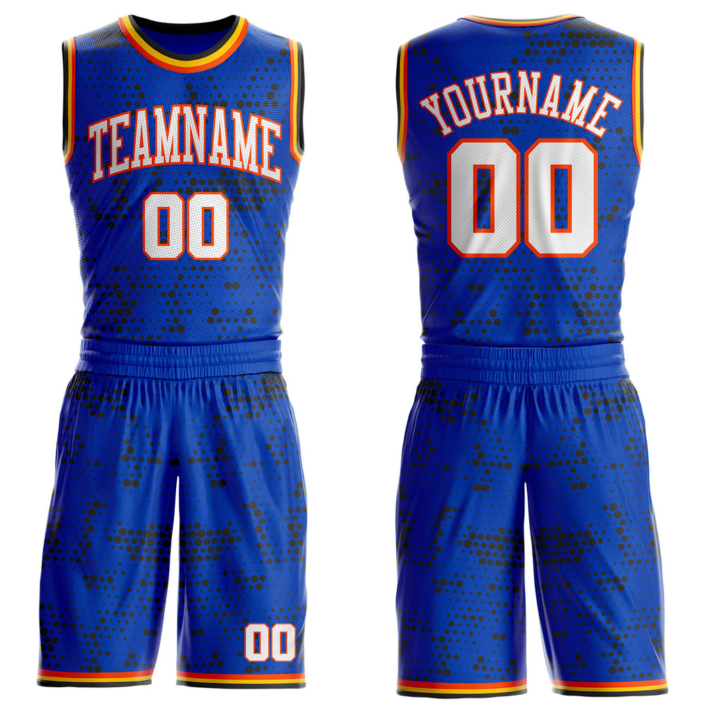 Custom Thunder Blue White Orange Black-Yellow Gradient Dot Round Neck Sublimation Basketball Uniform Jersey