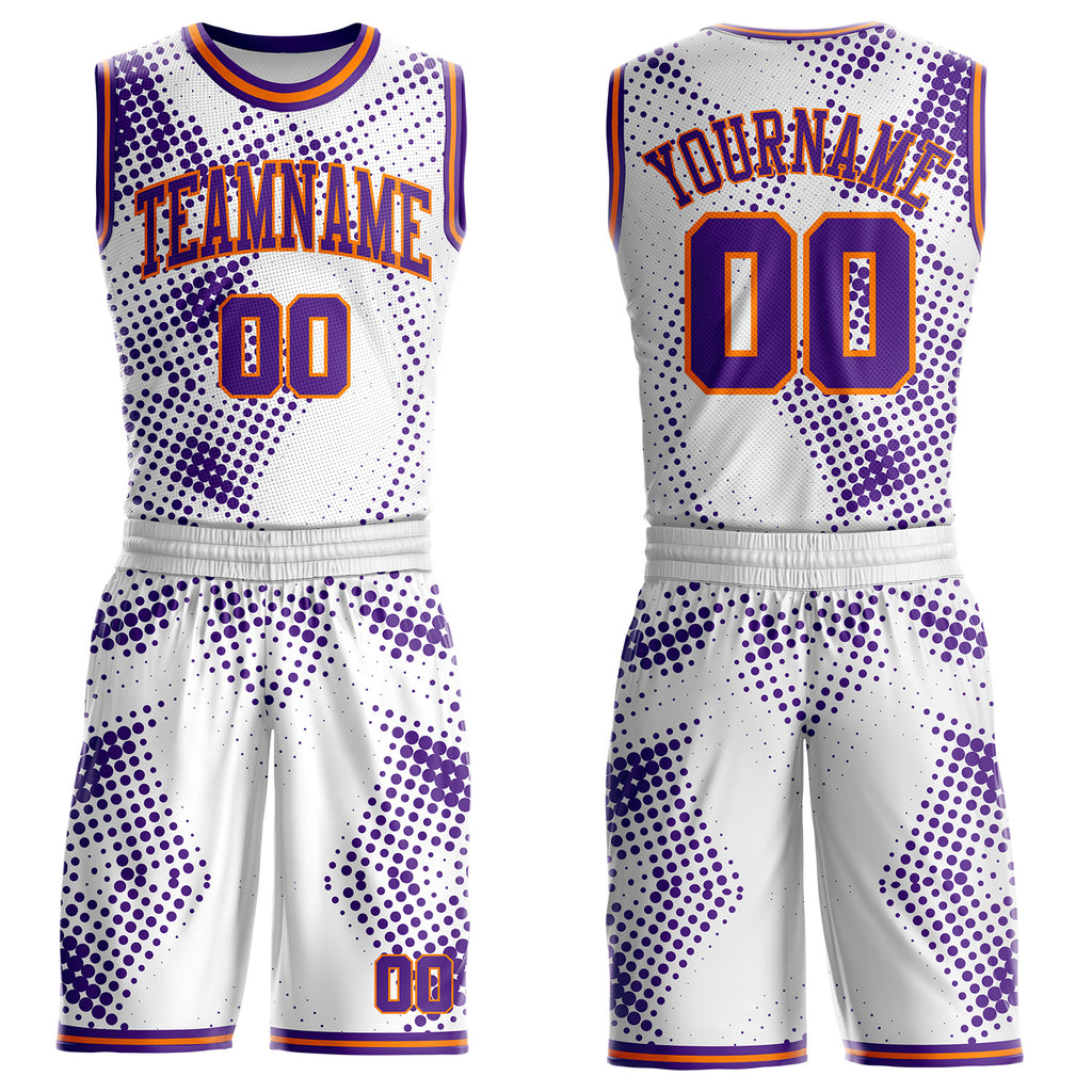 Custom White Purple-Bay Orange Gradient Dot Round Neck Sublimation Basketball Uniform Jersey