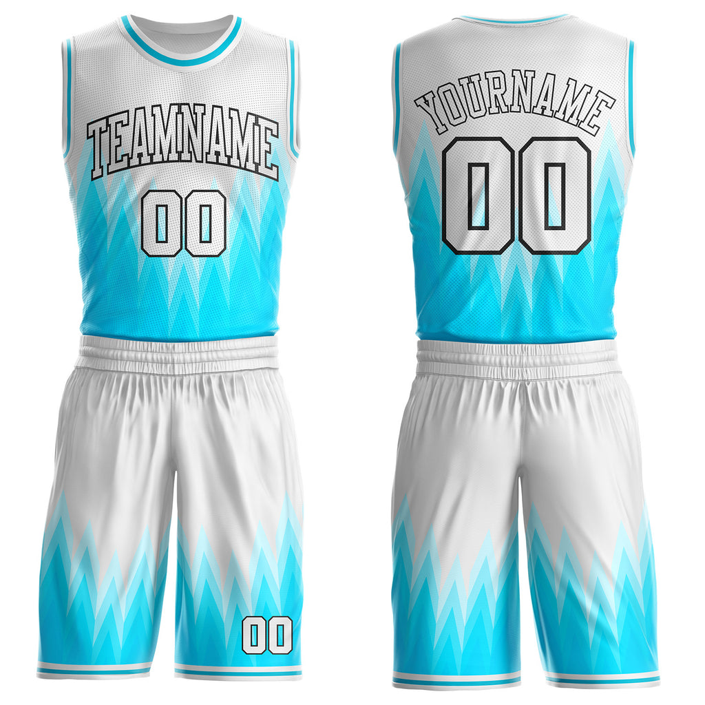 Custom White Lakes Blue-Black Ice Shards Gradient Round Neck Sublimation Basketball Uniform Jersey