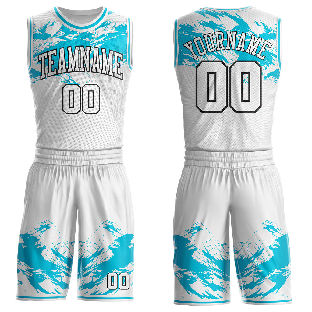 Custom White Lakes Blue-Black Snow Mountain Round Neck Sublimation Basketball Uniform Jersey