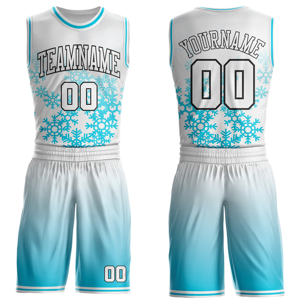 Custom White Lakes Blue-Black Winter Snowflake Gradient Round Neck Sublimation Basketball Uniform Jersey