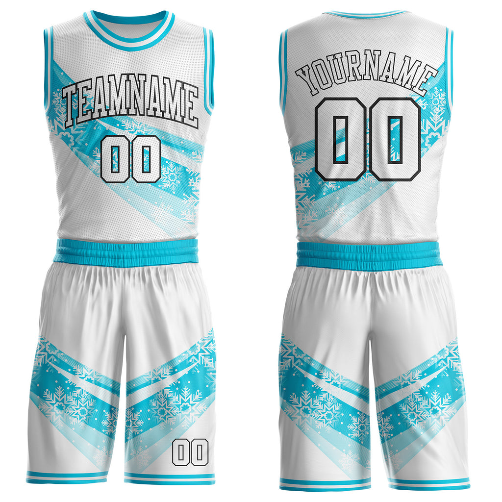 Custom White Lakes Blue-Black Winter Snowflake Gradient Round Neck Sublimation Basketball Uniform Jersey