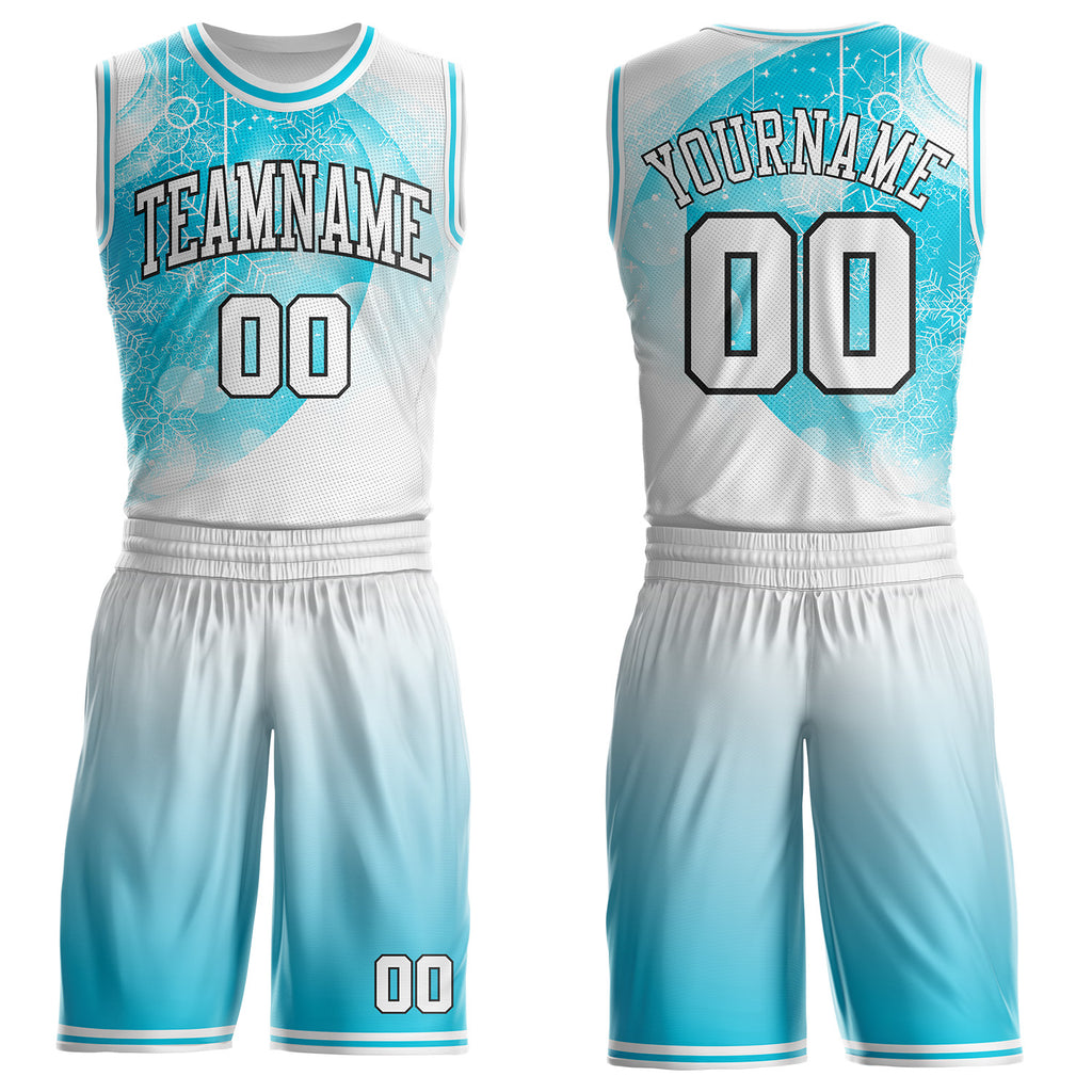 Custom White Lakes Blue-Black Winter Snowflake Gradient Round Neck Sublimation Basketball Uniform Jersey