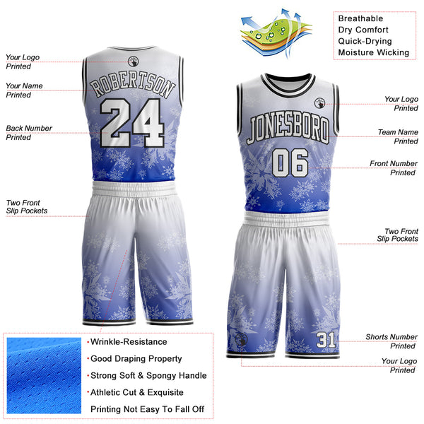 Custom White Blue-Black Winter Snowflake Gradient Round Neck Sublimation Basketball Uniform Jersey