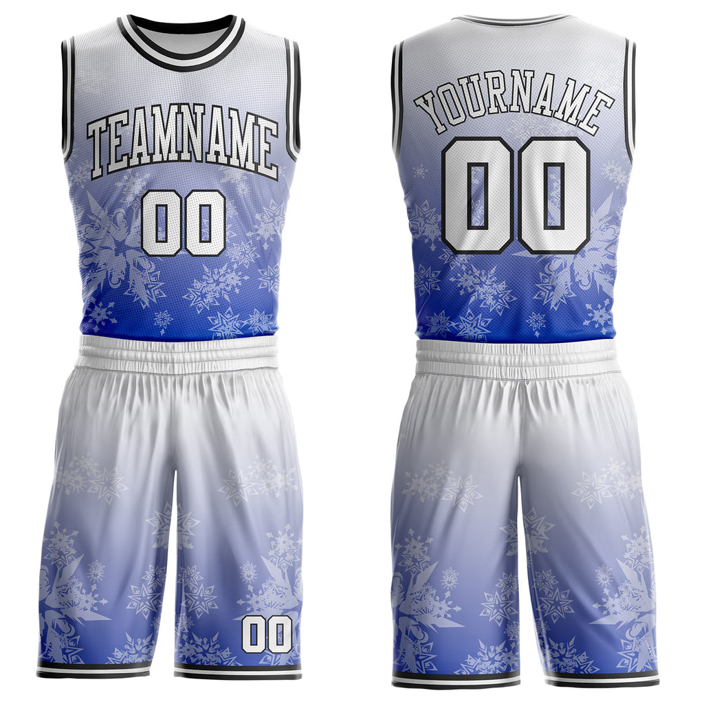 Custom White Blue-Black Winter Snowflake Gradient Round Neck Sublimation Basketball Uniform Jersey