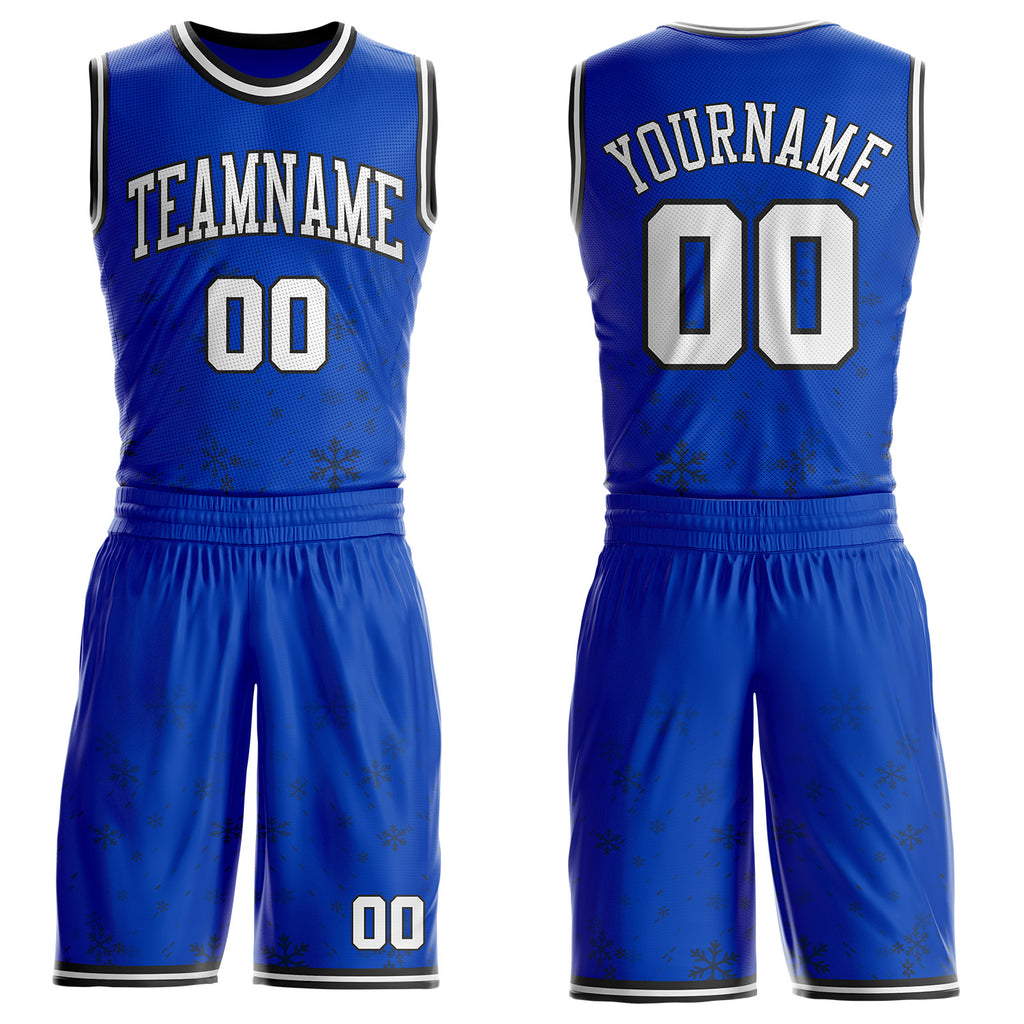 Custom Thunder Blue White-Black Winter Snowflake Gradient Round Neck Sublimation Basketball Uniform Jersey