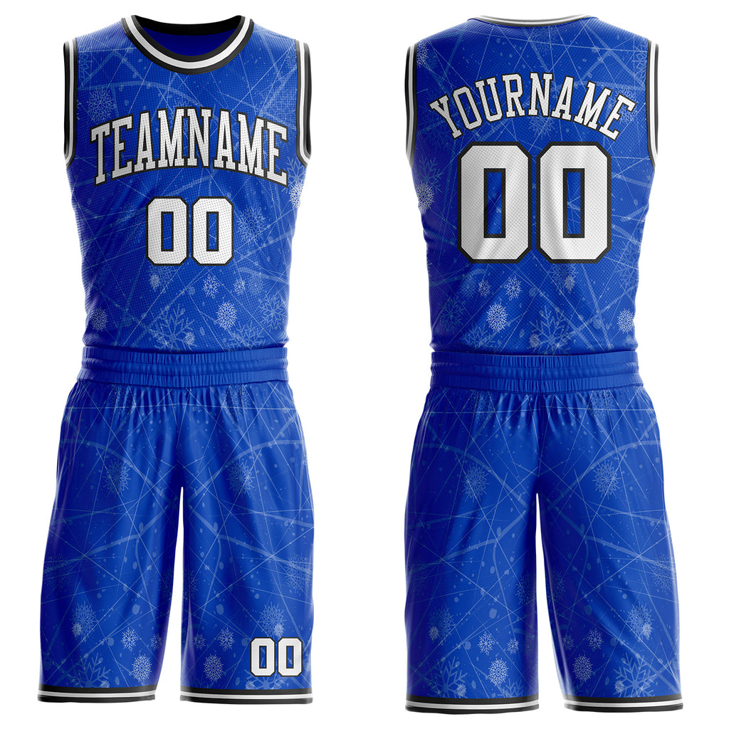 Custom Thunder Blue White-Black Winter Snowflake Gradient Round Neck Sublimation Basketball Uniform Jersey
