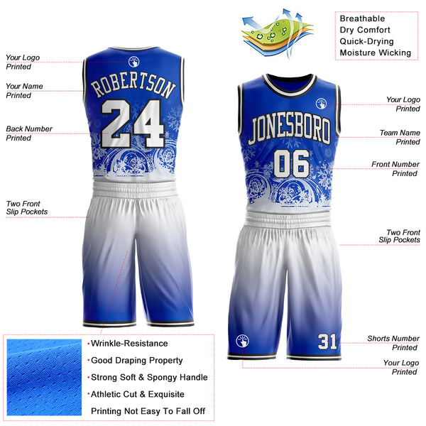Custom Thunder Blue White-Black Winter Snowflake Gradient Round Neck Sublimation Basketball Uniform Jersey