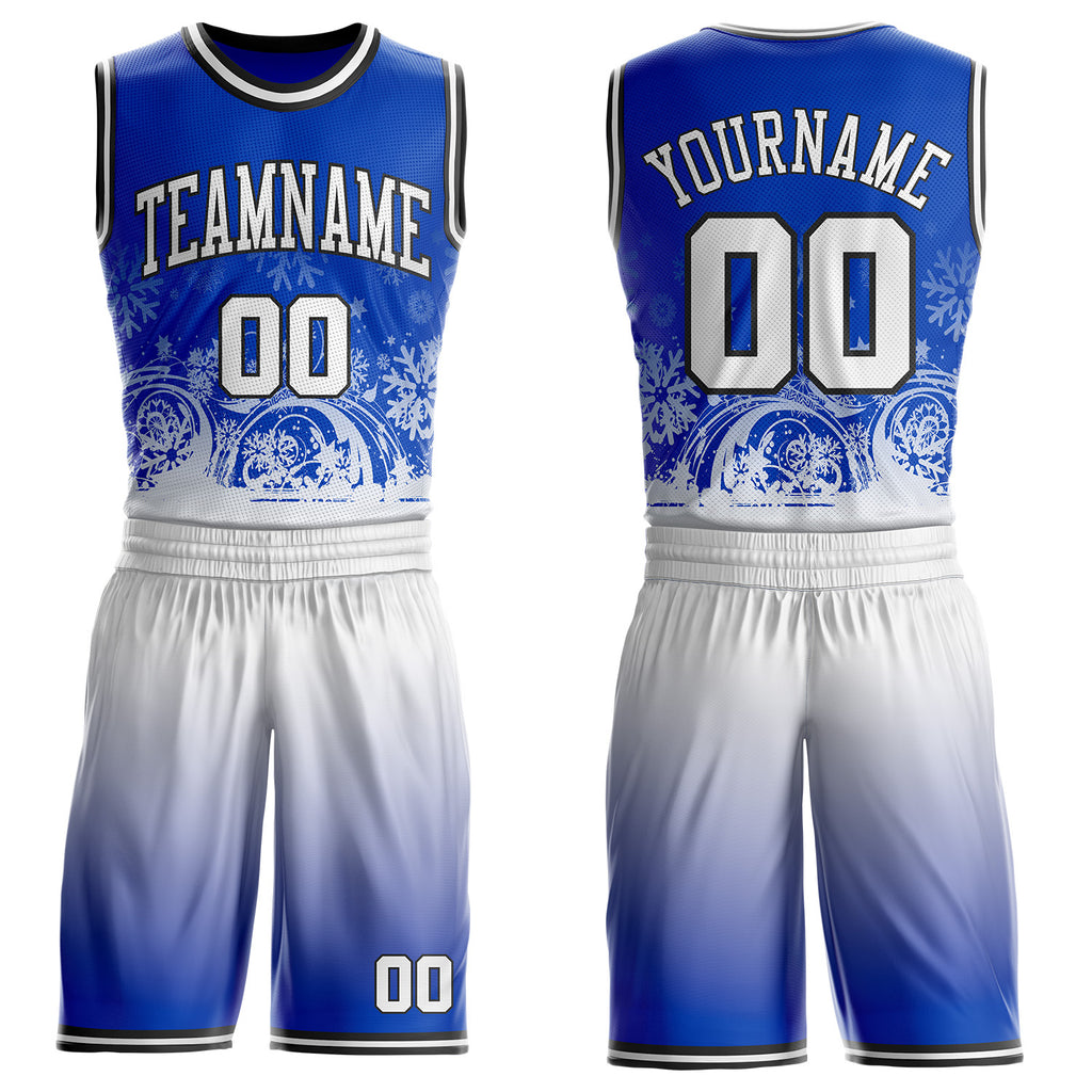 Custom Thunder Blue White-Black Winter Snowflake Gradient Round Neck Sublimation Basketball Uniform Jersey
