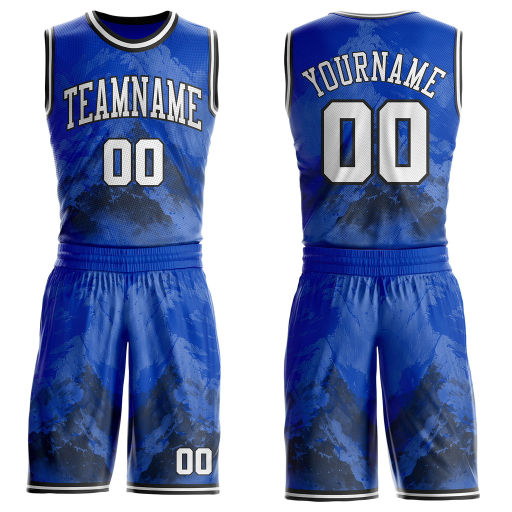 Custom Thunder Blue White-Black Snow Mountain Gradient Round Neck Sublimation Basketball Uniform Jersey