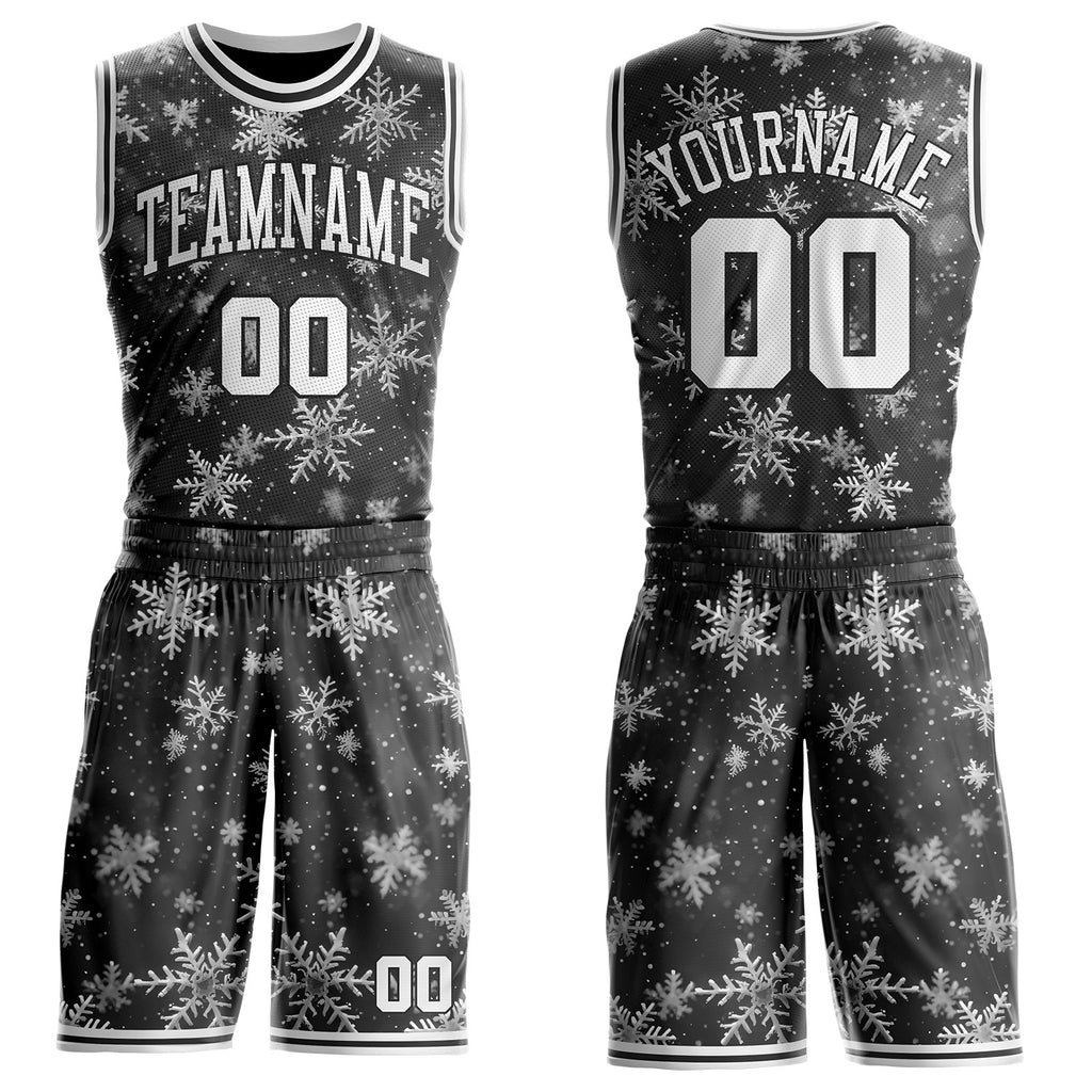 Custom Black-White Winter Snowflake Round Neck Sublimation Basketball Uniform Jersey