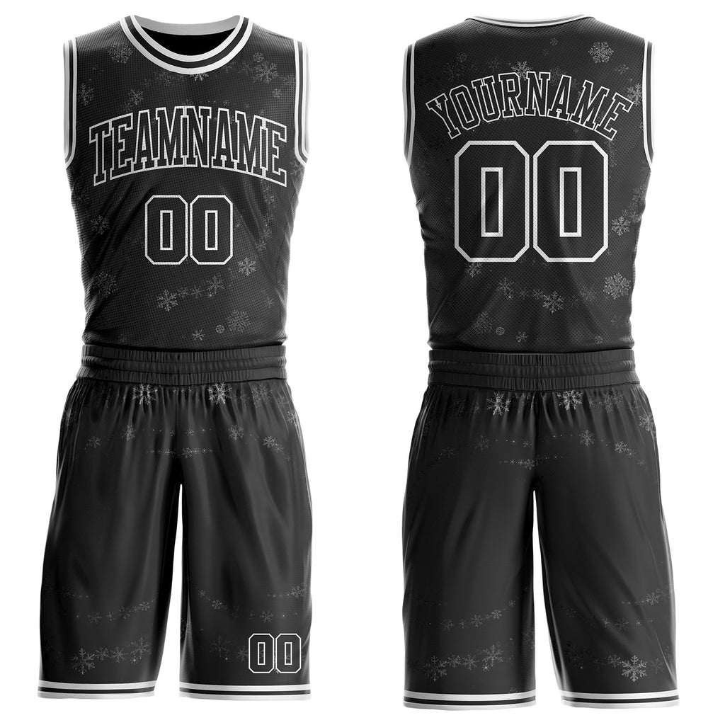 Custom Black-White Winter Snowflake Round Neck Sublimation Basketball Uniform Jersey