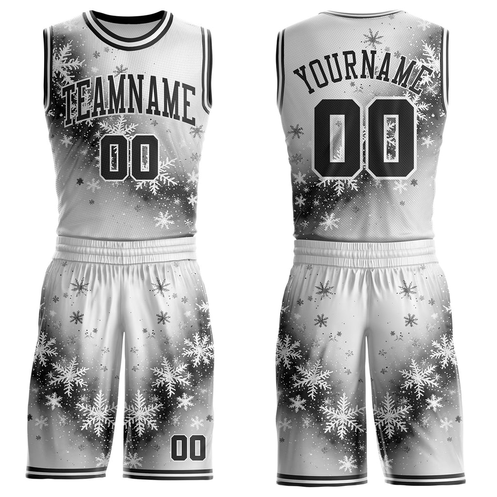Custom Gray Black-White Winter Snowflake Round Neck Sublimation Basketball Uniform Jersey