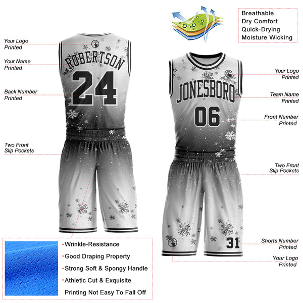 Custom Gray Black-White Winter Snowflake Round Neck Sublimation Basketball Uniform Jersey