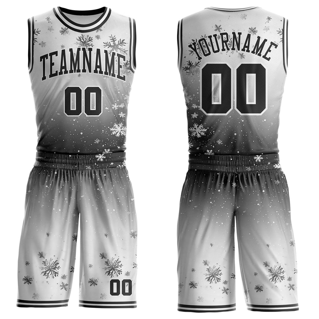 Custom Gray Black-White Winter Snowflake Round Neck Sublimation Basketball Uniform Jersey