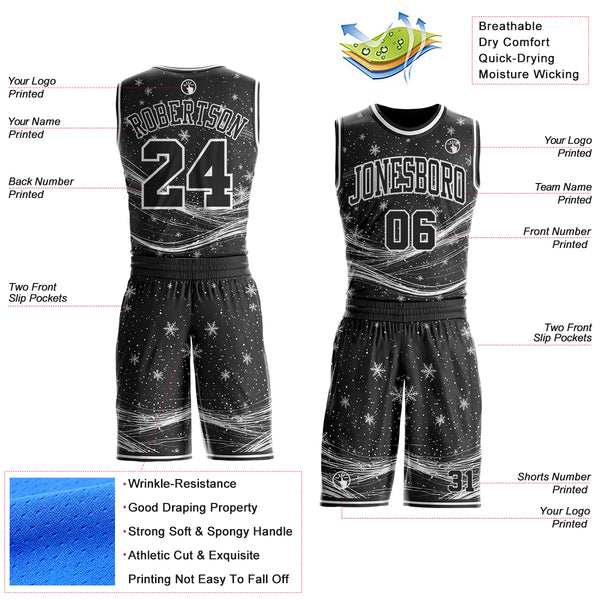 Custom Black-White Winter Snowflake Round Neck Sublimation Basketball Uniform Jersey
