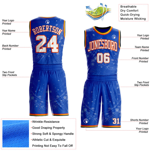 Custom Thunder Blue White Orange Black-Yellow Winter Snowflake Round Neck Sublimation Basketball Uniform Jersey
