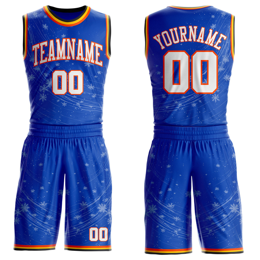 Custom Thunder Blue White Orange Black-Yellow Winter Snowflake Round Neck Sublimation Basketball Uniform Jersey