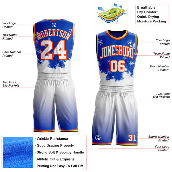 Custom Thunder Blue White Orange Black-Yellow Winter Snowflake Gradient Round Neck Sublimation Basketball Uniform Jersey
