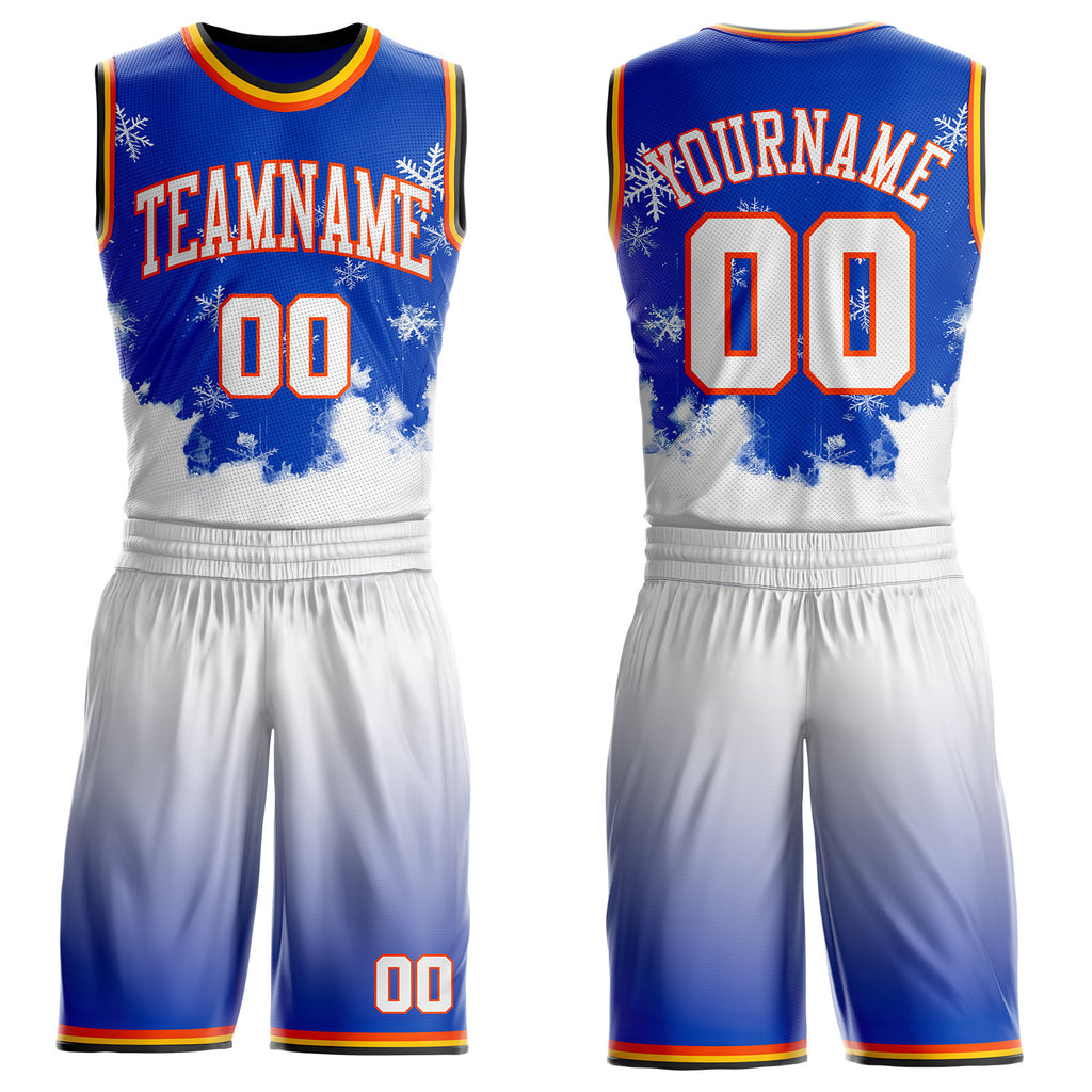 Custom Thunder Blue White Orange Black-Yellow Winter Snowflake Gradient Round Neck Sublimation Basketball Uniform Jersey