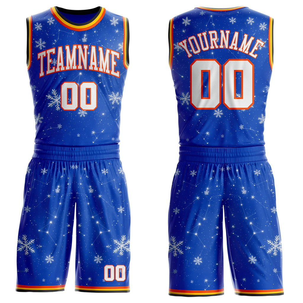 Custom Thunder Blue White Orange Black-Yellow Winter Snowflake Gradient Round Neck Sublimation Basketball Uniform Jersey