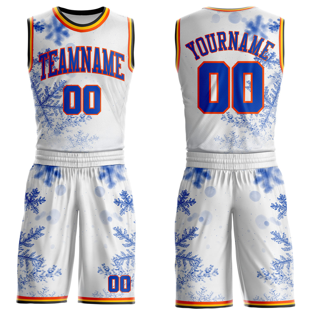 Custom White Thunder Blue Orange Black-Yellow Winter Snowflake Round Neck Sublimation Basketball Uniform Jersey