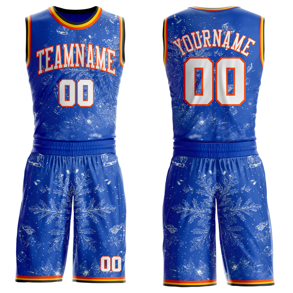 Custom Thunder Blue White Orange Black-Yellow Winter Snowflake Round Neck Sublimation Basketball Uniform Jersey