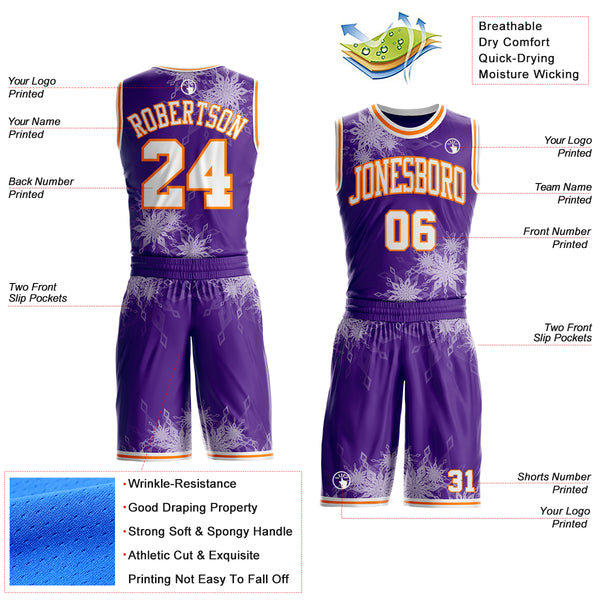 Custom Purple White-Bay Orange Winter Snowflake Round Neck Sublimation Basketball Uniform Jersey