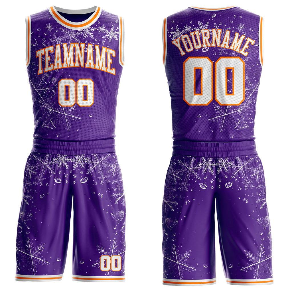 Custom Purple White-Bay Orange Winter Snowflake Round Neck Sublimation Basketball Uniform Jersey