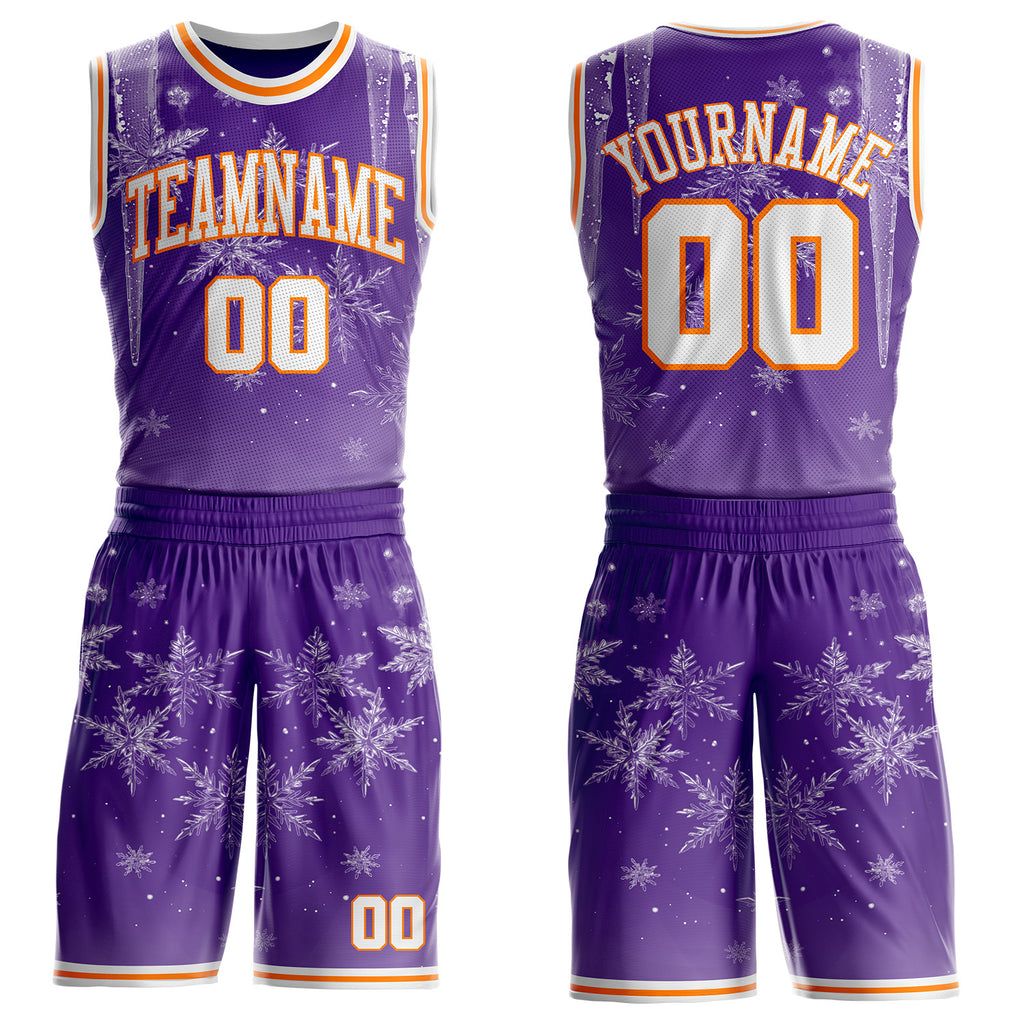 Custom Purple White-Bay Orange Winter Snowflake Icicle Round Neck Sublimation Basketball Uniform Jersey