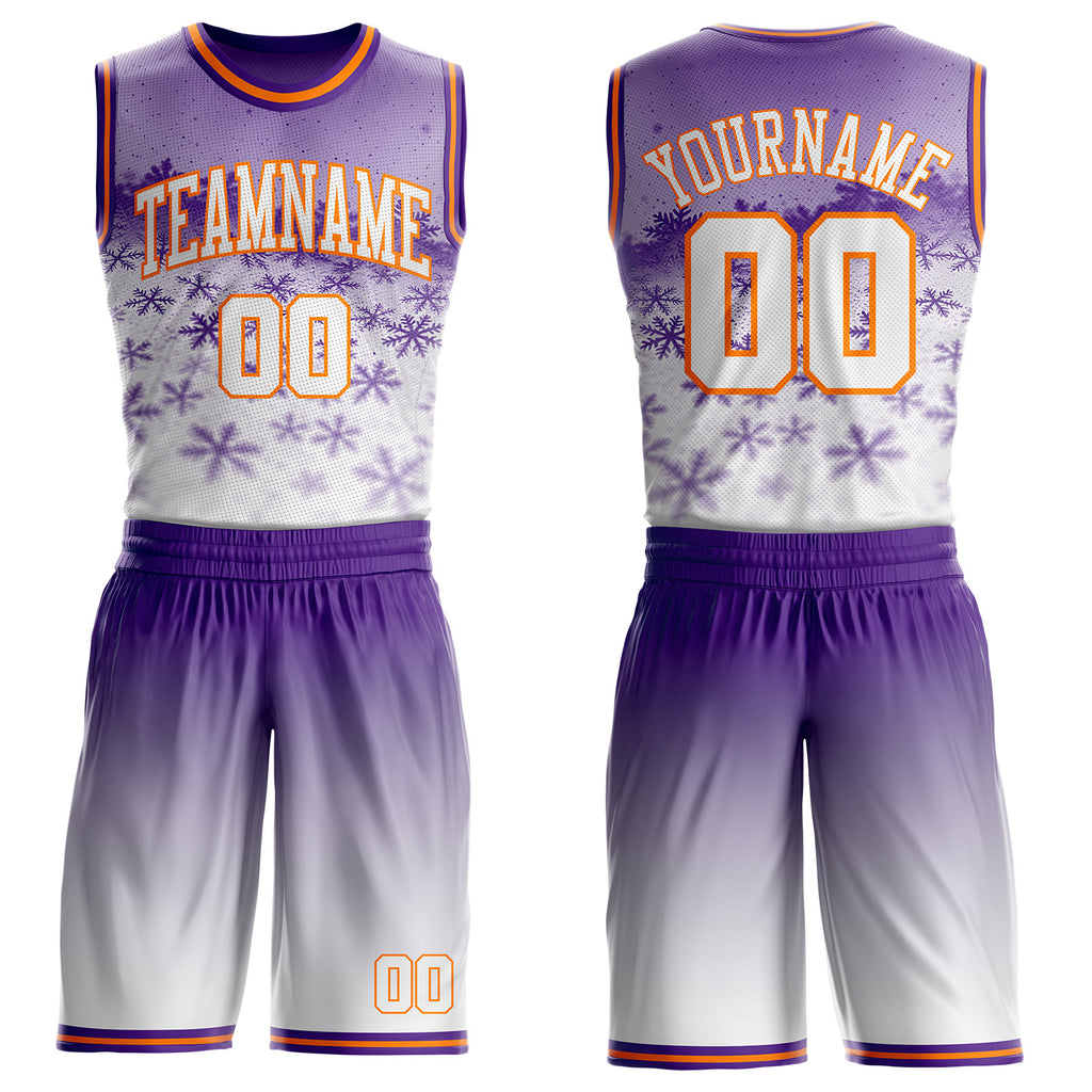 Custom Purple White-Bay Orange Winter Snowflake Gradient Round Neck Sublimation Basketball Uniform Jersey
