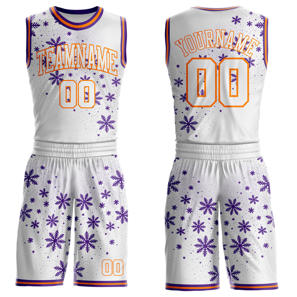 Custom White Purple-Bay Orange Winter Snowflake Round Neck Sublimation Basketball Uniform Jersey