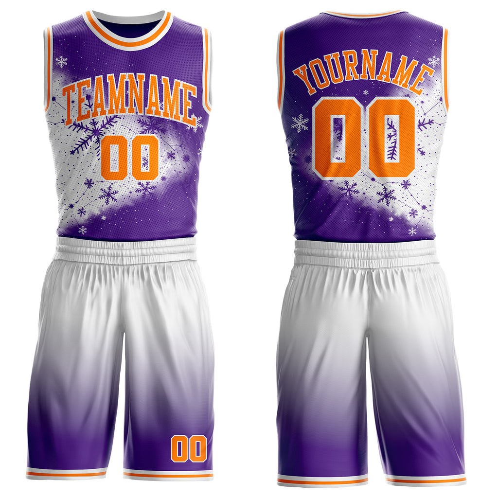 Custom Purple Bay Orange-White Winter Snowflake Round Neck Sublimation Basketball Uniform Jersey