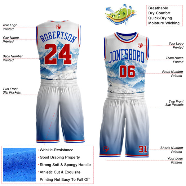 Custom White Red Blue-Thunder Blue Snow Mountain Gradient Round Neck Sublimation Basketball Uniform Jersey