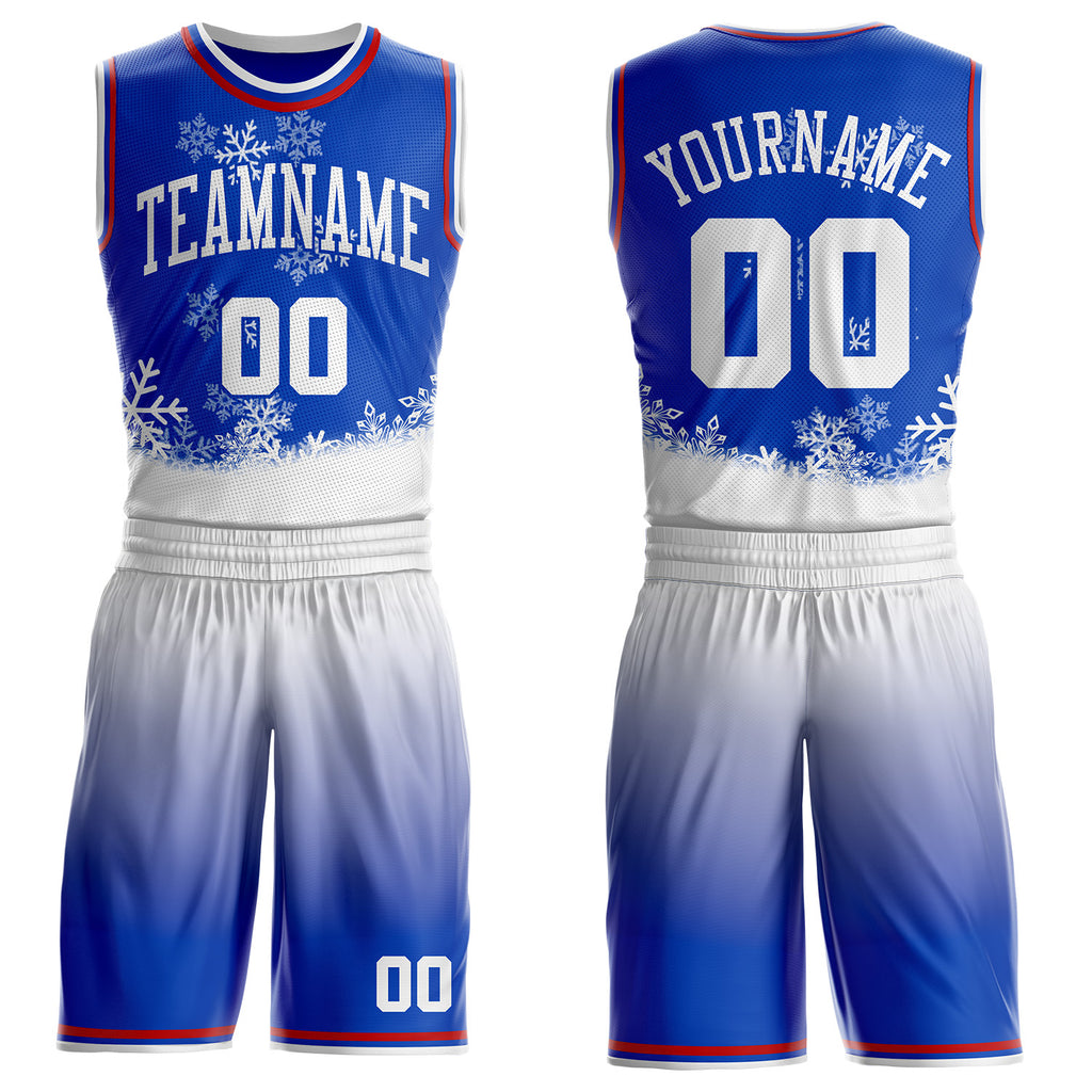 Custom Thunder Blue White-Red Winter Snowflake Gradient Round Neck Sublimation Basketball Uniform Jersey