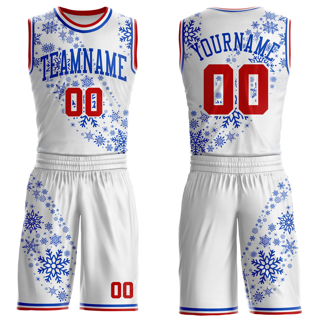 Custom White Red-Thunder Blue Winter Snowflake Round Neck Sublimation Basketball Uniform Jersey
