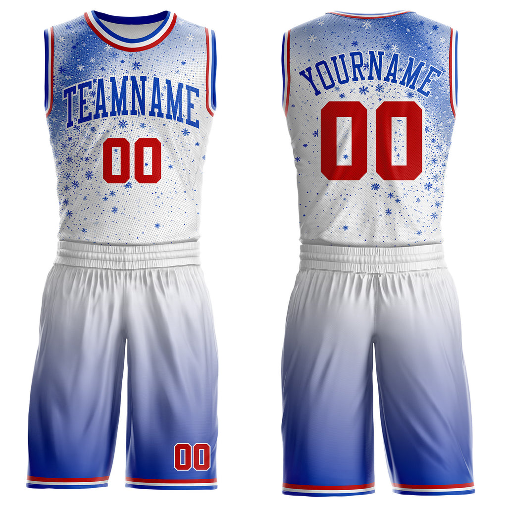 Custom White Red-Thunder Blue Winter Snowflake Gradient Round Neck Sublimation Basketball Uniform Jersey