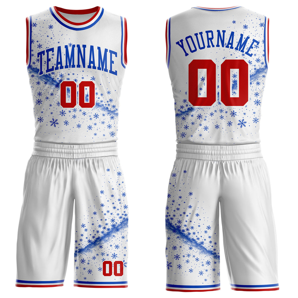Custom White Red-Thunder Blue Winter Snowflake Round Neck Sublimation Basketball Uniform Jersey