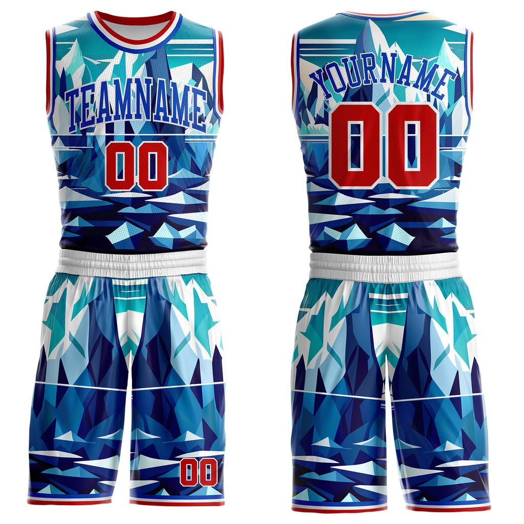Custom Blue Red White-Thunder Blue Glacier Mountain Geometric Round Neck Sublimation Basketball Uniform Jersey